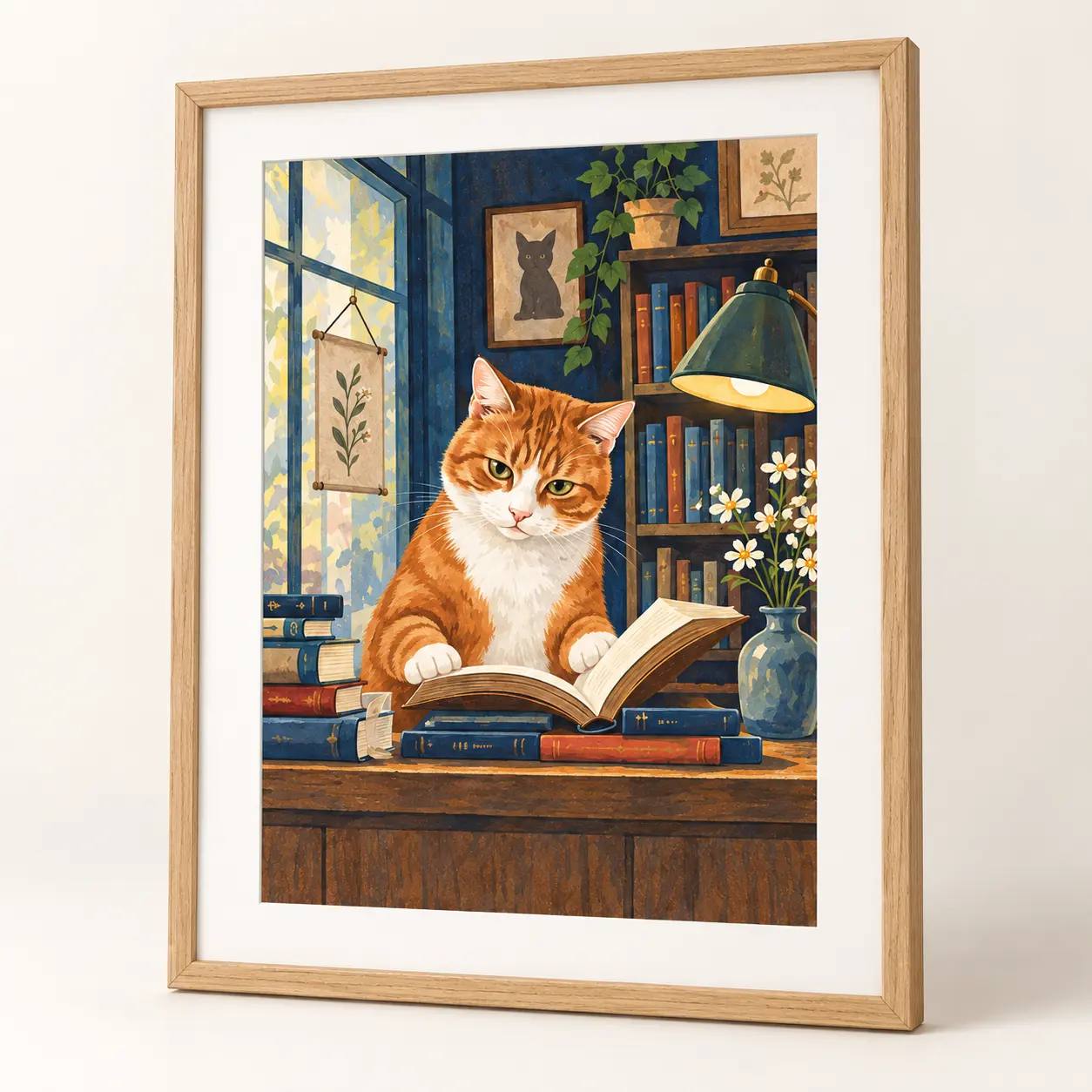 The Bookshop Assistant in a natural wood frame